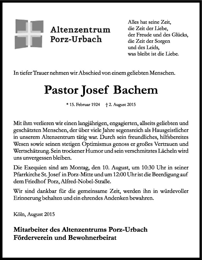 Traueranzeige für Josef Bachem vom 08.08.2015 aus Kölner Stadt-Anzeiger / Kölnische Rundschau / Express