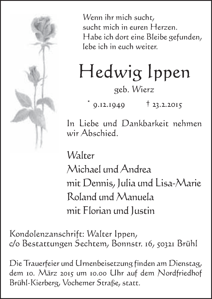  Traueranzeige für Hedwig Ippen vom 04.03.2015 aus  Schlossbote/Werbekurier 