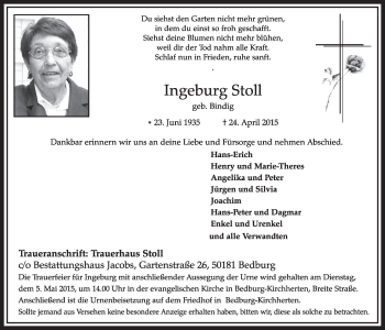 Anzeige von Ingeborg Stoll von  Sonntags-Post 
