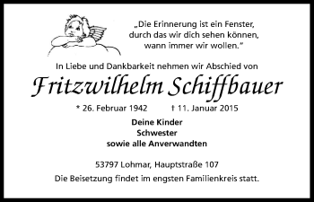 Anzeige von Fritzwilhelm Schiffbauer von Kölner Stadt-Anzeiger / Kölnische Rundschau / Express