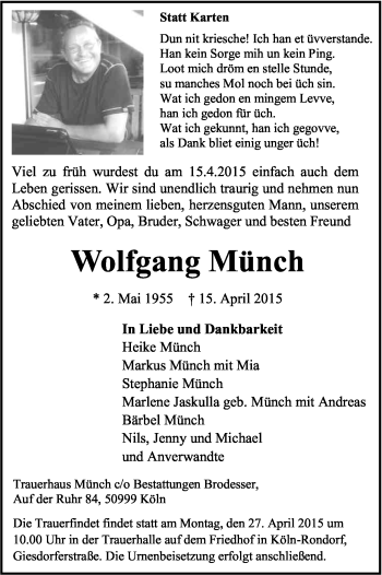 Anzeige von Wolfgang Münch von Kölner Stadt-Anzeiger / Kölnische Rundschau / Express
