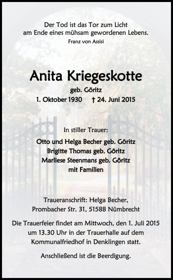 Anzeige von Anita Kriegeskotte von Kölner Stadt-Anzeiger / Kölnische Rundschau / Express
