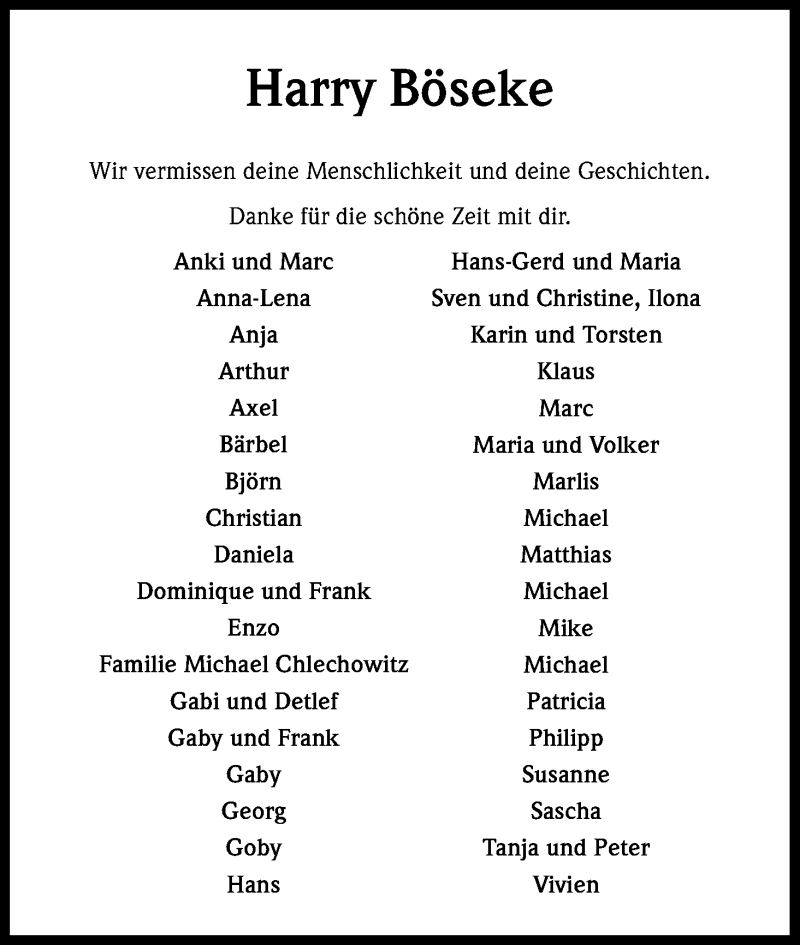  Traueranzeige für Harry Böseke vom 17.06.2015 aus Kölner Stadt-Anzeiger / Kölnische Rundschau / Express