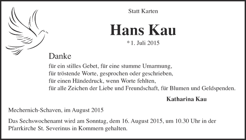  Traueranzeige für Hans Kau vom 09.08.2015 aus  Blickpunkt Euskirchen 