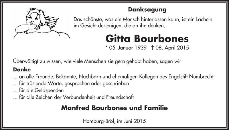  Traueranzeige für Gitta Bourbones vom 10.06.2015 aus  Lokalanzeiger 