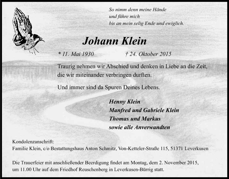  Traueranzeige für Johann Klein vom 29.10.2015 aus Kölner Stadt-Anzeiger / Kölnische Rundschau / Express