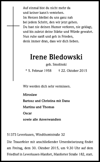 Anzeige von Irene Bledowski von Kölner Stadt-Anzeiger / Kölnische Rundschau / Express