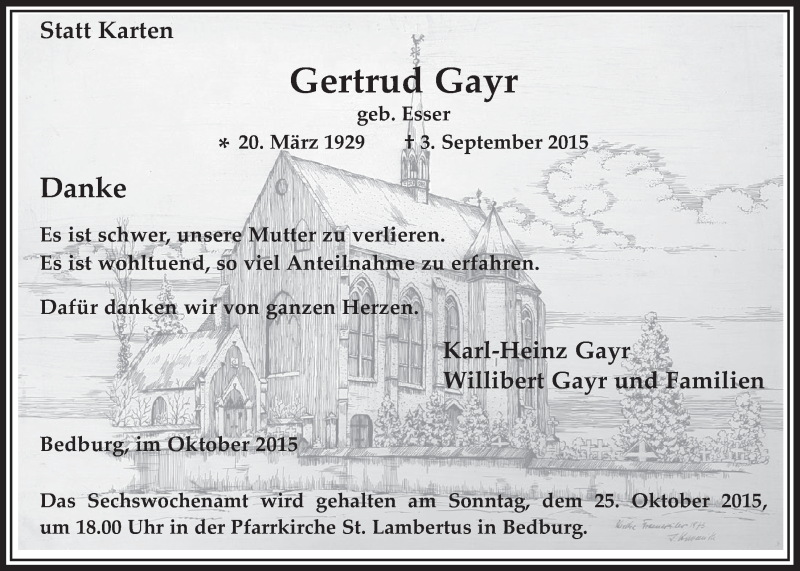  Traueranzeige für Gertrud Gayr vom 21.10.2015 aus  Werbepost 