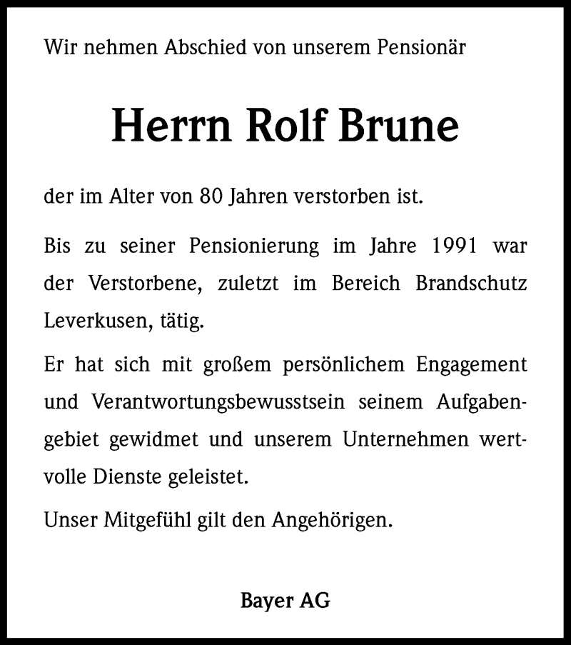  Traueranzeige für Rolf Brune vom 26.03.2015 aus Kölner Stadt-Anzeiger / Kölnische Rundschau / Express