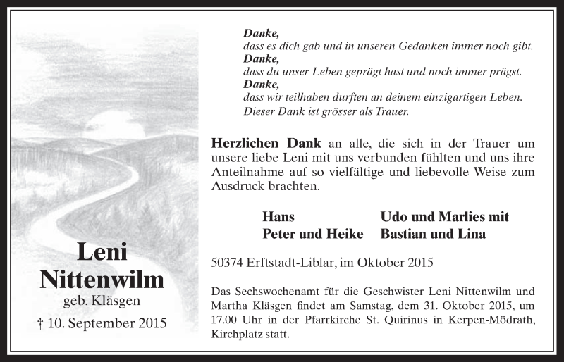  Traueranzeige für Leni Nittenwilm vom 21.10.2015 aus  Werbepost 
