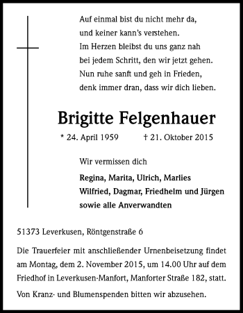 Anzeige von Brigitte Felgenhauer von Kölner Stadt-Anzeiger / Kölnische Rundschau / Express