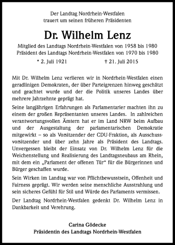 Anzeige von Wilhelm  Lenz von Kölner Stadt-Anzeiger / Kölnische Rundschau / Express
