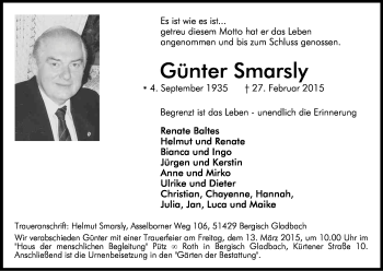Anzeige von Günter Smarsly von Kölner Stadt-Anzeiger / Kölnische Rundschau / Express