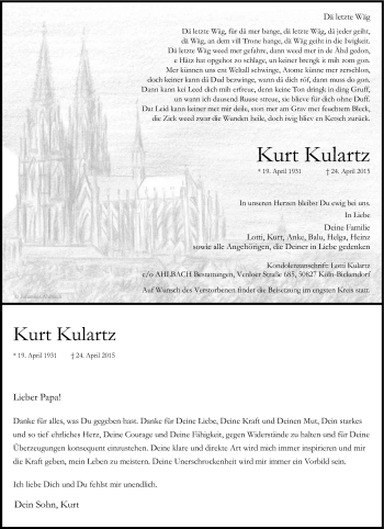 Anzeige von Kurt Kulartz von Kölner Stadt-Anzeiger / Kölnische Rundschau / Express