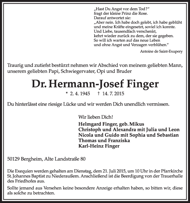  Traueranzeige für Hermann-Josef Finger vom 18.07.2015 aus  Sonntags-Post 