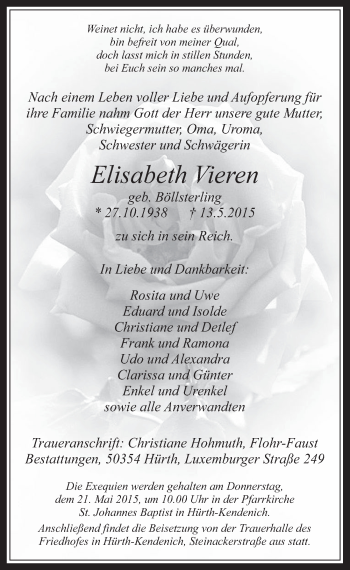 Anzeige von Elisabeth Vieren von  Wochenende 