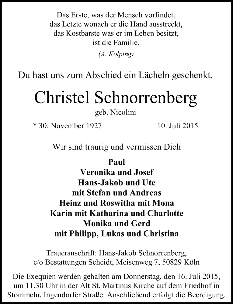  Traueranzeige für Christel Schnorrenberg vom 15.07.2015 aus  Wochenende 