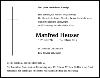 Anzeige von Manfred Heuser von Kölner Stadt-Anzeiger / Kölnische Rundschau / Express