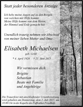Anzeige von Elisabeth Michaelsen von Kölner Stadt-Anzeiger / Kölnische Rundschau / Express