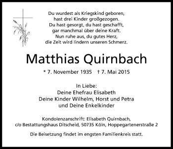 Anzeige von Matthias Quirnbach von Kölner Stadt-Anzeiger / Kölnische Rundschau / Express