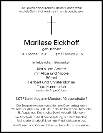 Anzeige von Marliese Eickhoff von Kölner Stadt-Anzeiger / Kölnische Rundschau / Express