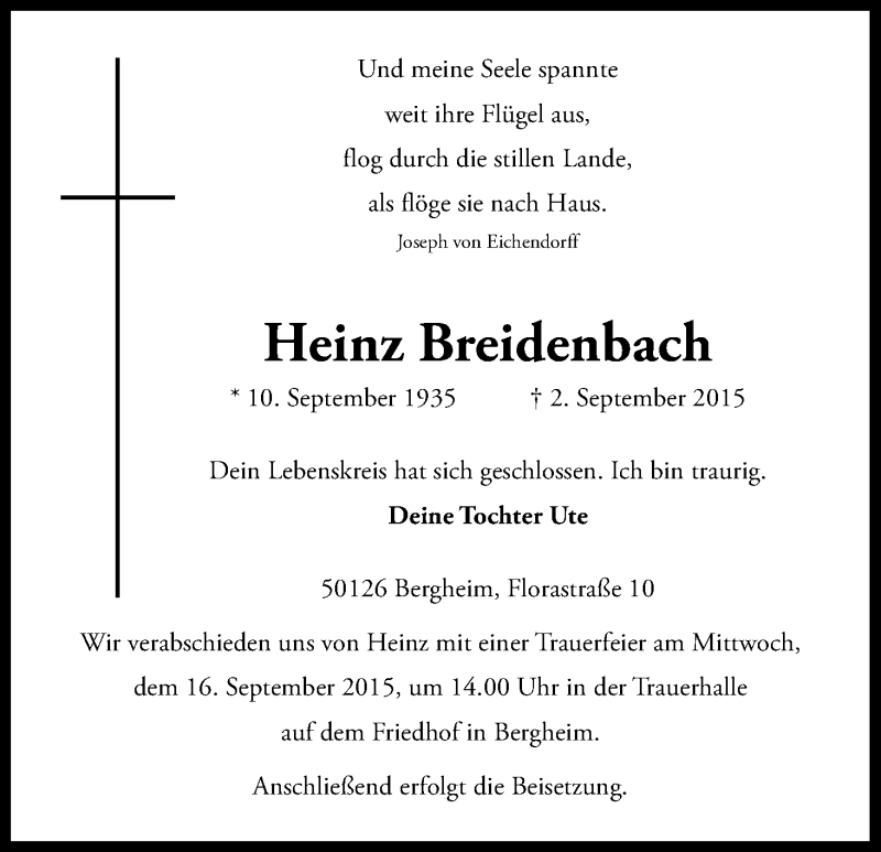 Traueranzeige für Heinz Breidenbach vom 09.09.2015 aus Kölner Stadt-Anzeiger / Kölnische Rundschau / Express