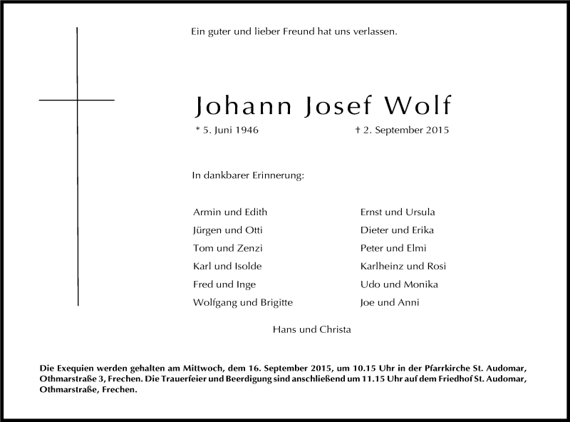  Traueranzeige für Johann Josef Wolf vom 09.09.2015 aus Kölner Stadt-Anzeiger / Kölnische Rundschau / Express