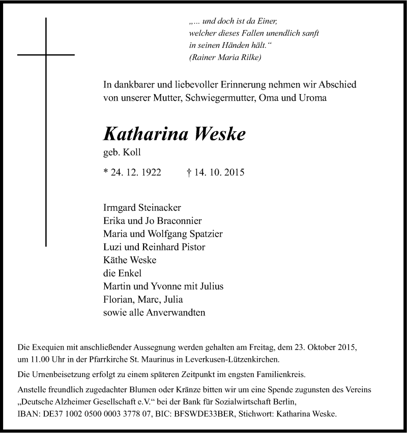  Traueranzeige für Katharina Weske vom 20.10.2015 aus Kölner Stadt-Anzeiger / Kölnische Rundschau / Express