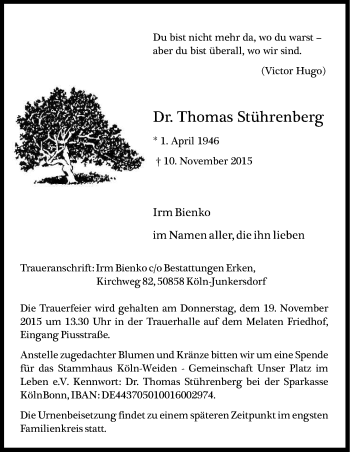 Anzeige von Thomas Stührenberg von Köln - Wir Trauern