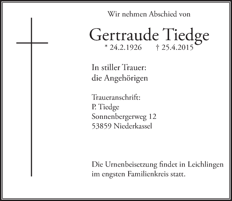  Traueranzeige für Gertraude Tiedge vom 13.05.2015 aus  Extra Blatt 