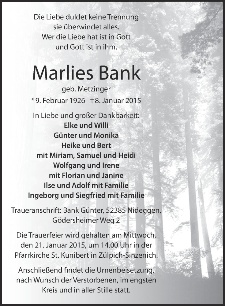  Traueranzeige für Marlies Bank vom 18.01.2015 aus  Blickpunkt Euskirchen 