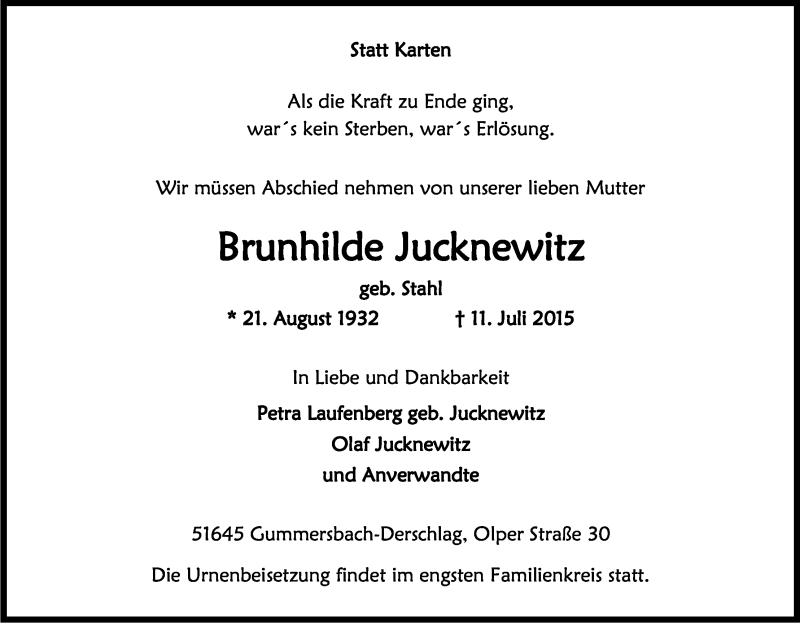  Traueranzeige für Brunhilde Jucknewitz vom 17.07.2015 aus Kölner Stadt-Anzeiger / Kölnische Rundschau / Express