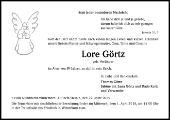 Anzeige von Lore Görtz von Kölner Stadt-Anzeiger / Kölnische Rundschau / Express