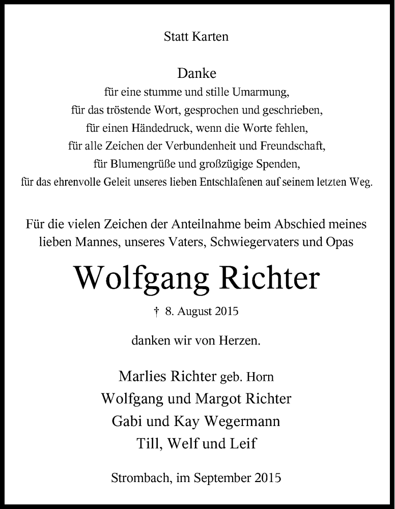  Traueranzeige für Wolfgang Richter vom 19.09.2015 aus Kölner Stadt-Anzeiger / Kölnische Rundschau / Express