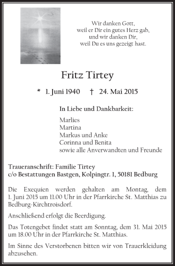 Anzeige von Fritz Tirtey von  Sonntags-Post 