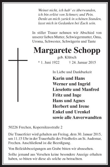 Anzeige von Margarete Schopp von  Wochenende 