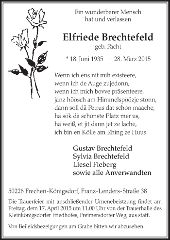 Anzeige von Elfriede Brechtefeld von  Sonntags-Post 