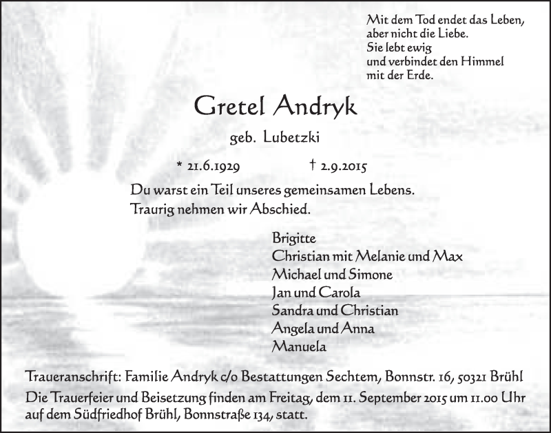  Traueranzeige für Grete Andryk vom 09.09.2015 aus  Schlossbote/Werbekurier 