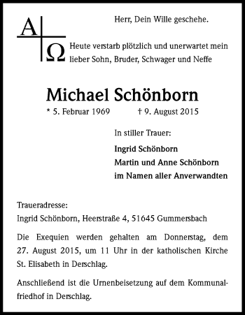 Anzeige von Michael Schönborn von Kölner Stadt-Anzeiger / Kölnische Rundschau / Express