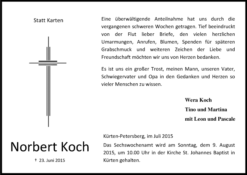  Traueranzeige für Norbert Koch vom 01.08.2015 aus Kölner Stadt-Anzeiger / Kölnische Rundschau / Express