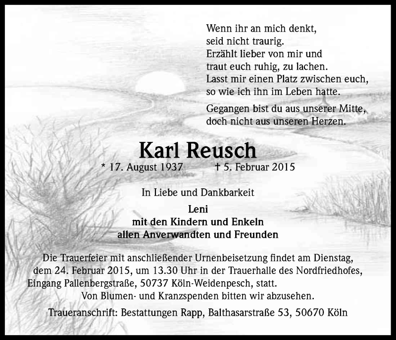  Traueranzeige für Karl Reusch vom 18.02.2015 aus Kölner Stadt-Anzeiger / Kölnische Rundschau / Express