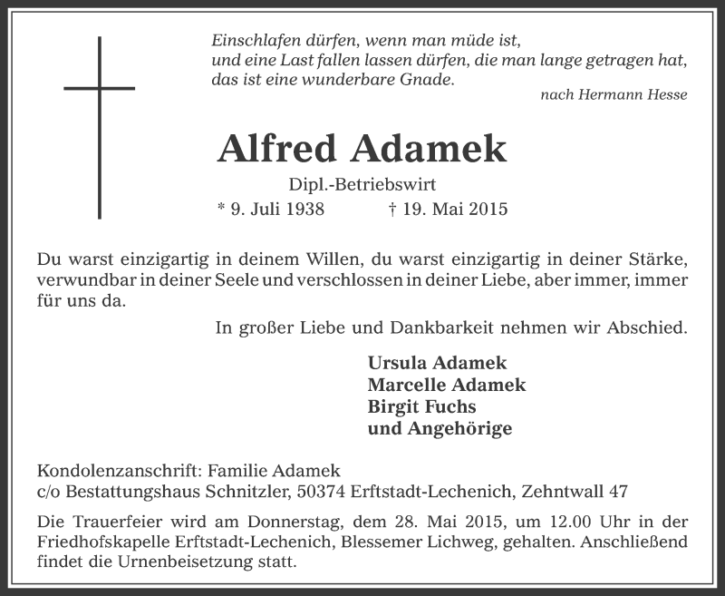  Traueranzeige für Alfred Adamek vom 27.05.2015 aus  Werbepost 