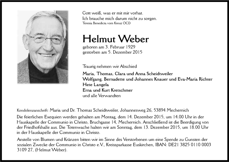  Traueranzeige für Helmut Weber vom 09.12.2015 aus Kölner Stadt-Anzeiger / Kölnische Rundschau / Express