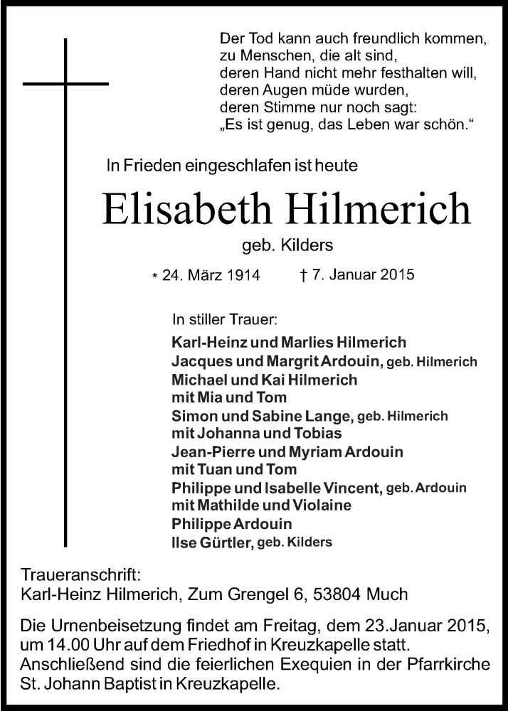 Traueranzeige für Elisabeth Hilmerich vom 17.01.2015 aus Kölner Stadt-Anzeiger / Kölnische Rundschau / Express
