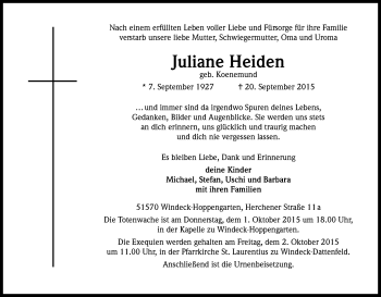 Anzeige von Juliane Heiden von Kölner Stadt-Anzeiger / Kölnische Rundschau / Express