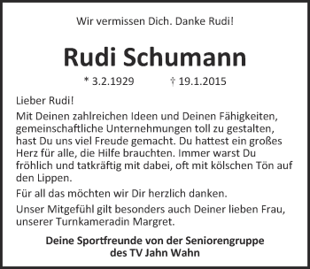 Anzeige von Rudi Schumann von  Kölner Wochenspiegel 