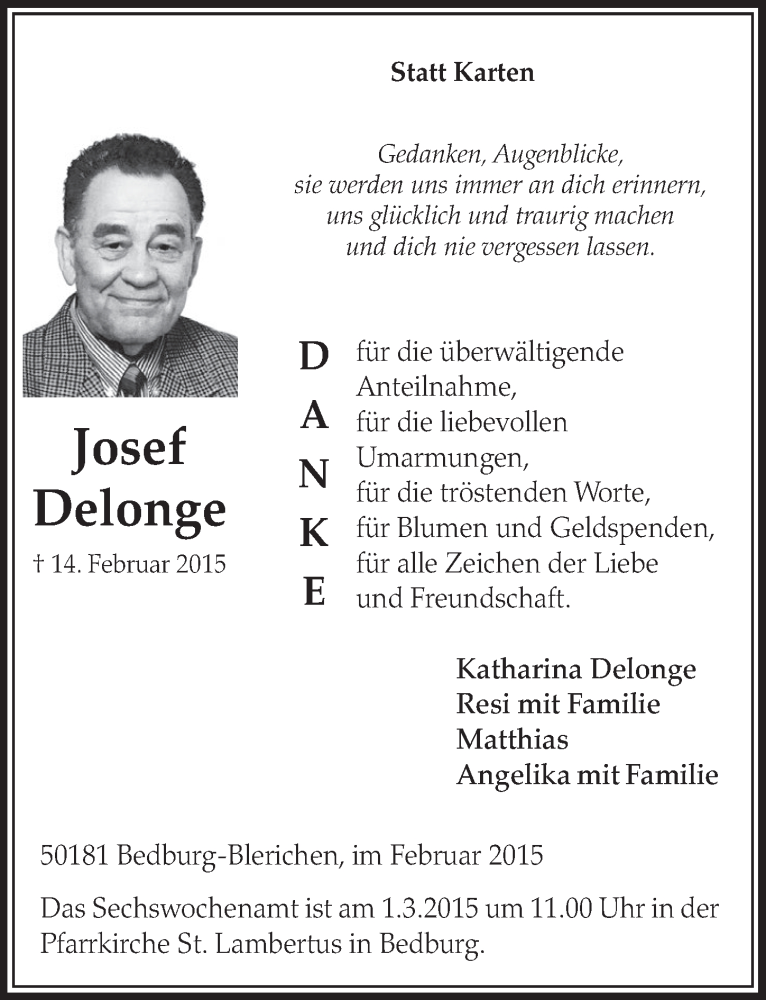  Traueranzeige für Josef Delonge vom 21.02.2015 aus  Sonntags-Post 