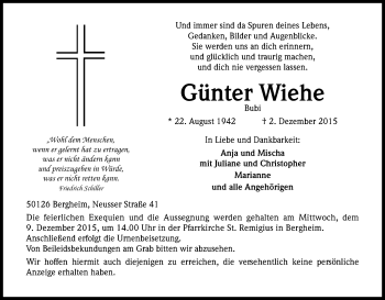 Anzeige von Günter Wiehe von Kölner Stadt-Anzeiger / Kölnische Rundschau / Express