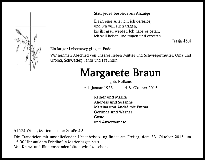  Traueranzeige für Margarete Braun vom 17.10.2015 aus Kölner Stadt-Anzeiger / Kölnische Rundschau / Express