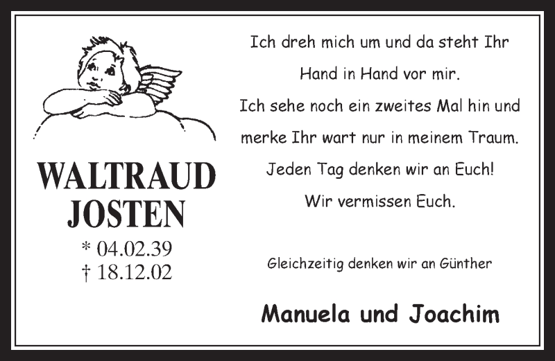  Traueranzeige für Waltraud Josten vom 16.12.2015 aus  Werbepost 
